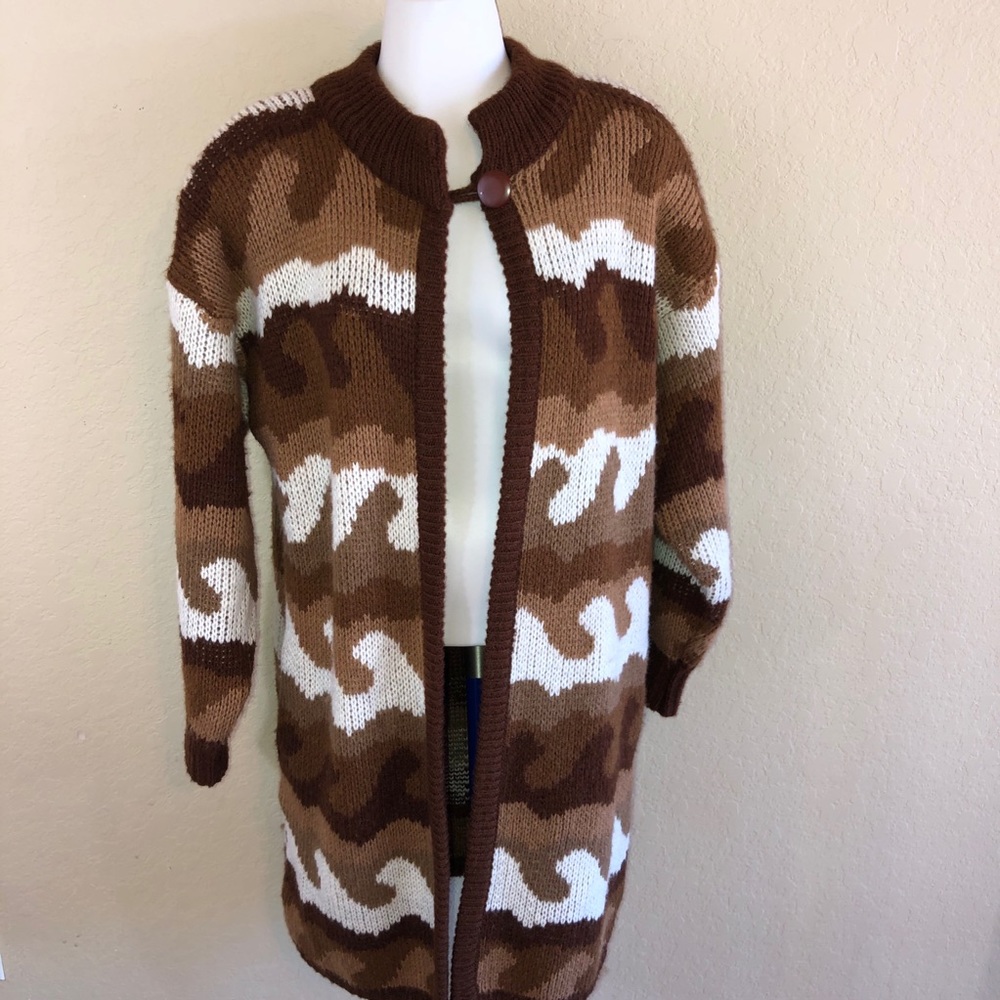 Vintage 80s Brown Tan Camouflage Cardigan Medium